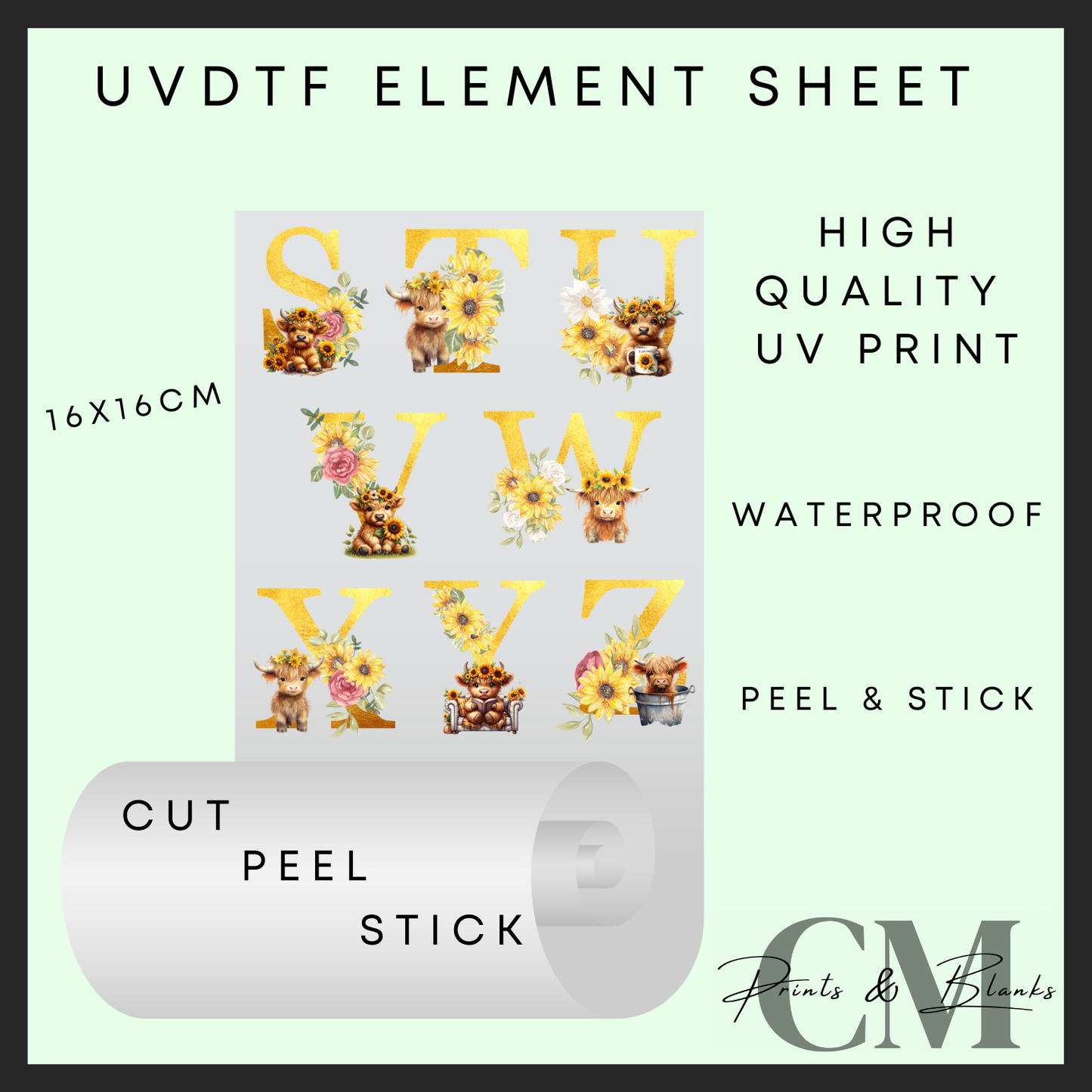 Highland cow alphabet Uvdtf element sheet