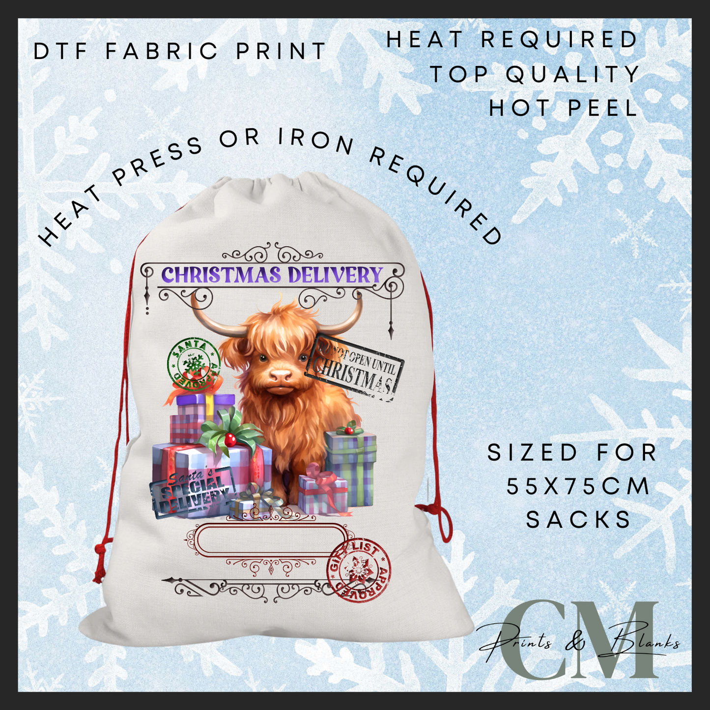Christmas delivery highland cow DTF Santa sack transfer