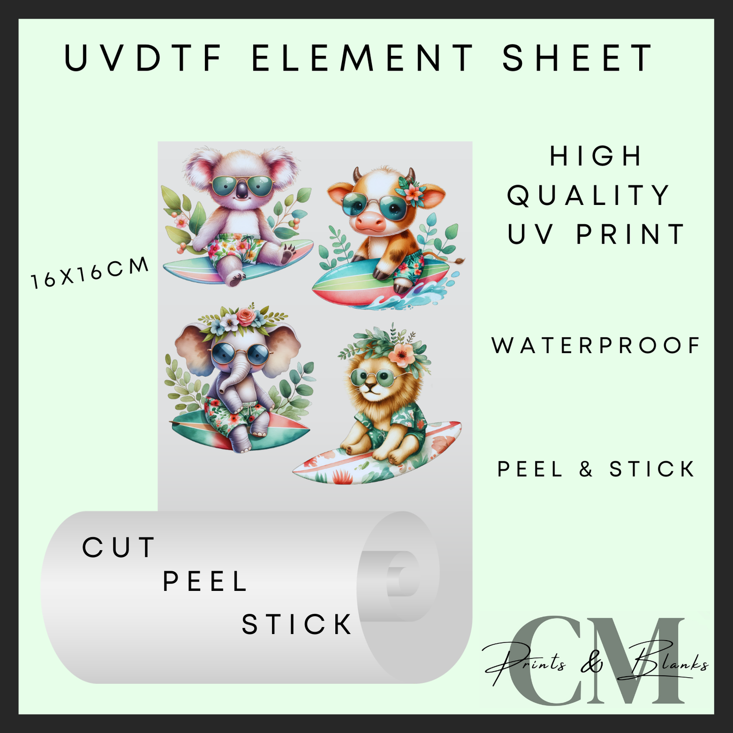 Surfing animals Uvdtf element sheet