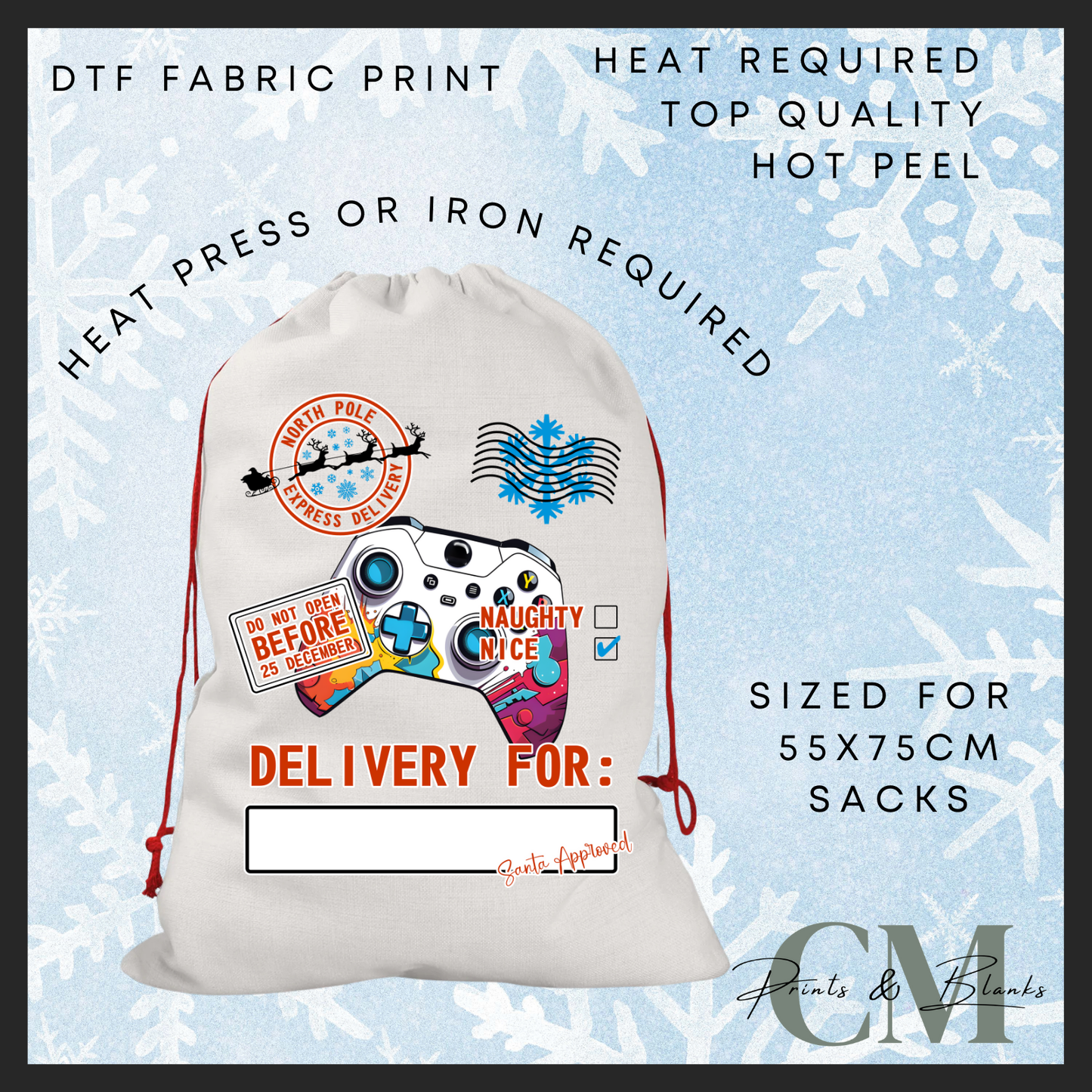 X console DTF Santa sack transfer