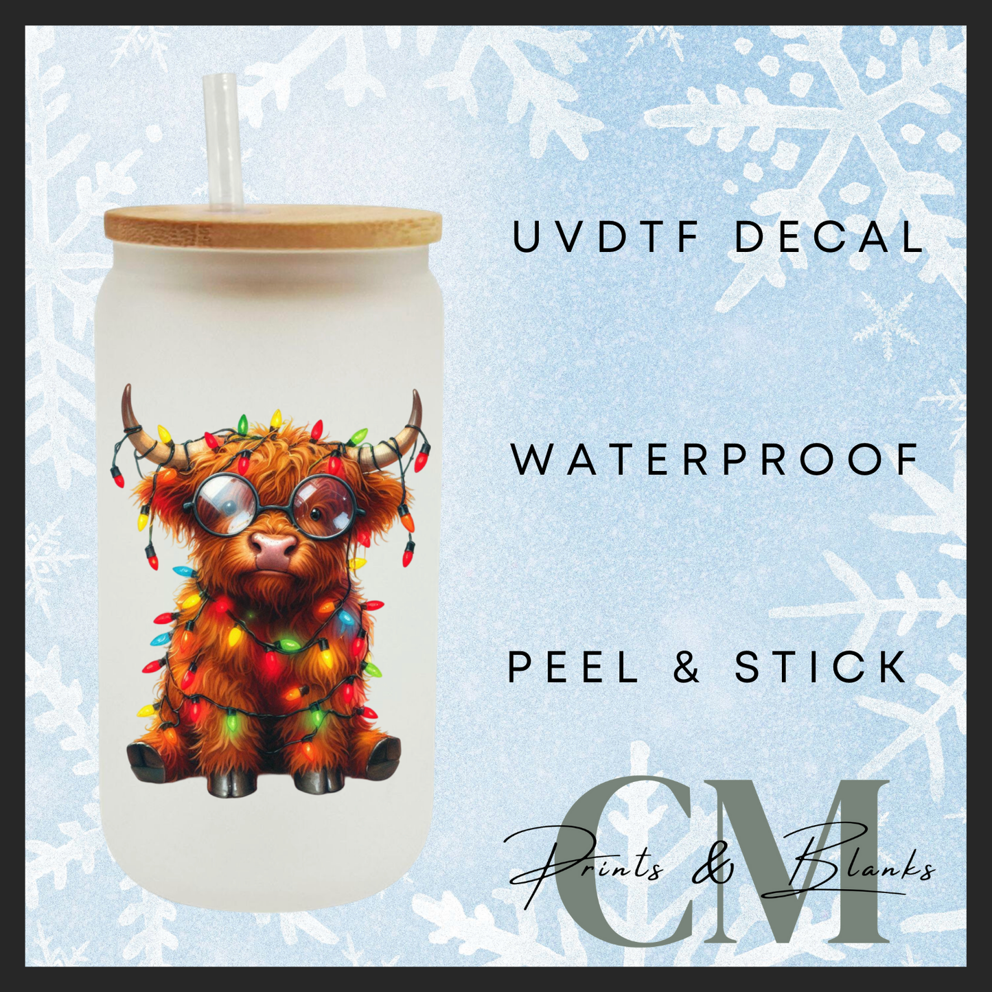 Christmas lights highland cows Uvdtf single transfers. (4” / 10cm)