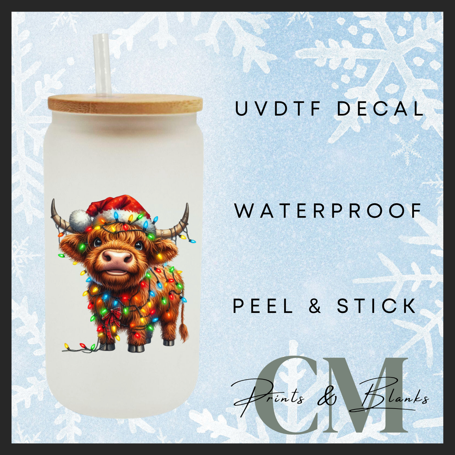 Christmas lights highland cows Uvdtf single transfers. (4” / 10cm)