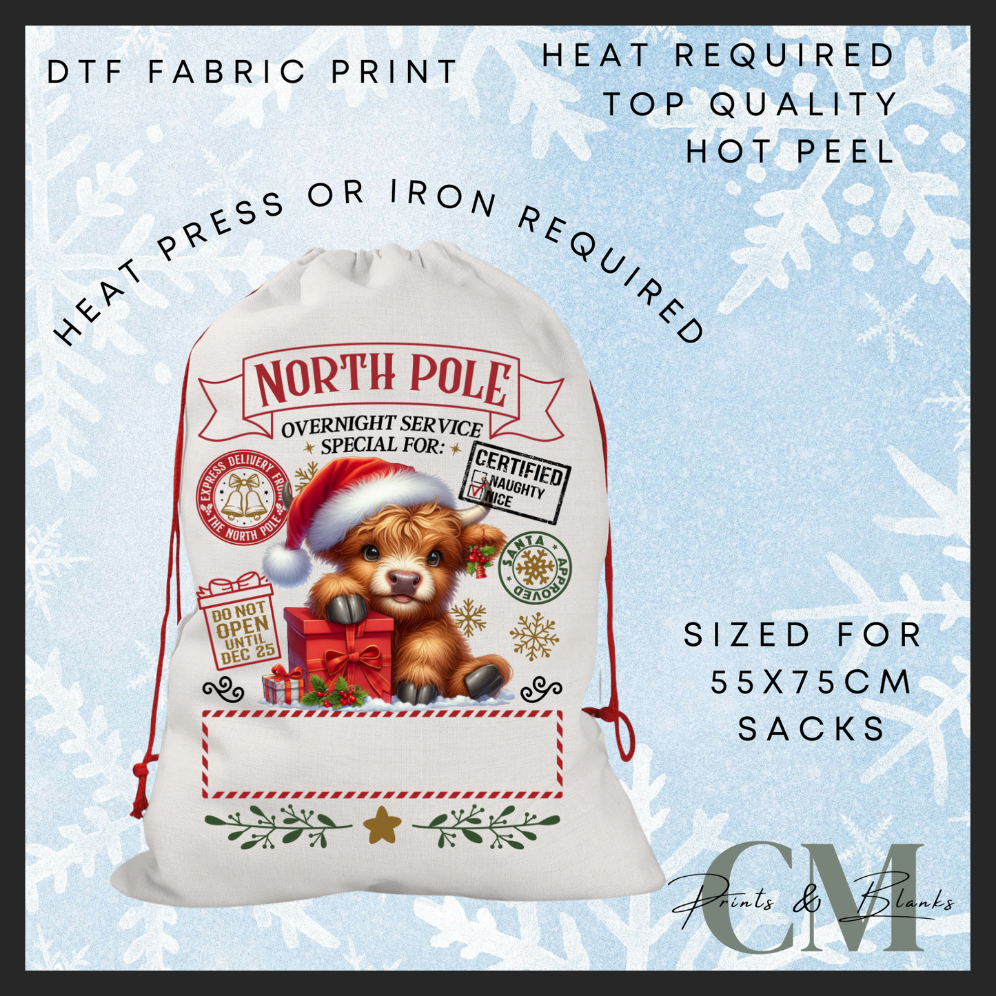 North Pole highland cow DTF Santa sack transfer