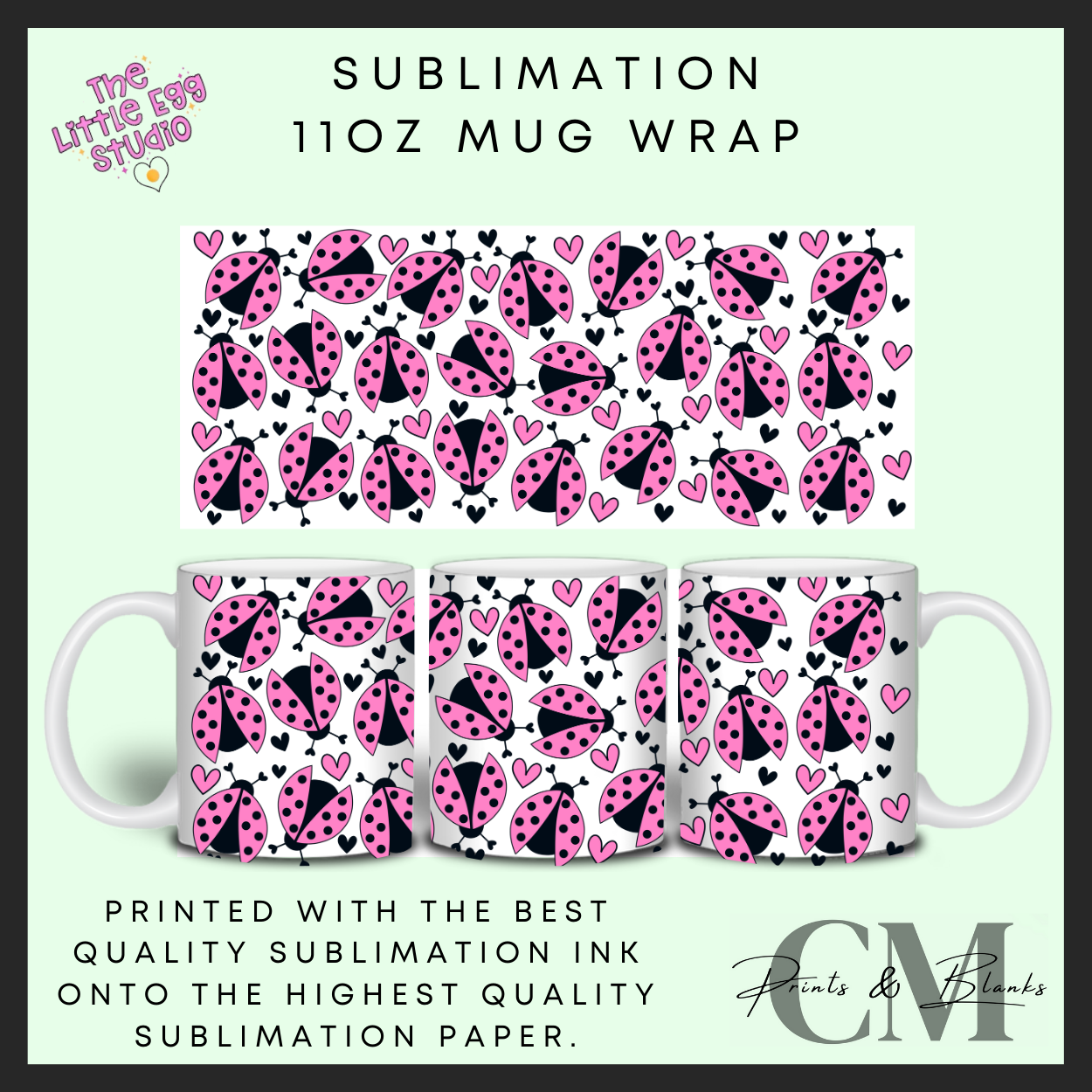 Pink ladybugs 11oz sublimation mug wrap