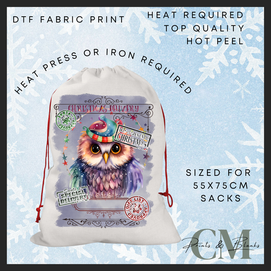 Christmas owl DTF Santa sack transfer