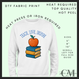 Teach, love, inspire blue books DTF transfer