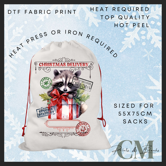 Present raccoon DTF Santa sack transfer