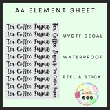 Black fancy font tea, coffee, sugar A4 element sheet