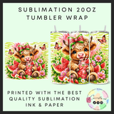 Watermelon highland cow Sublimation 20oz tumbler wrap
