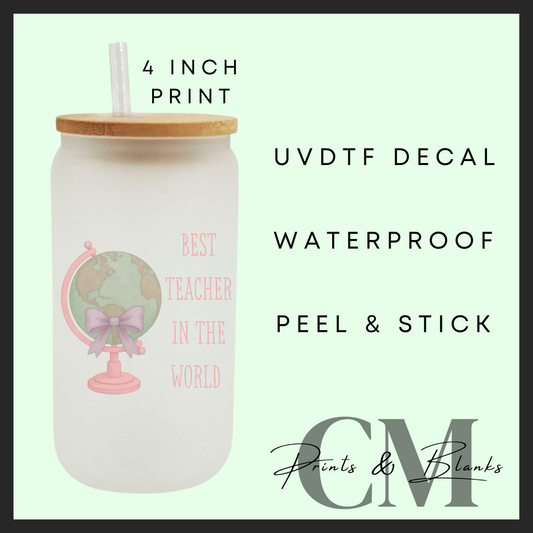 Best teacher in the world pink Uvdtf single decal (4”, 10cm)