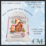 Gingerbread cottage DTF Santa sack transfer