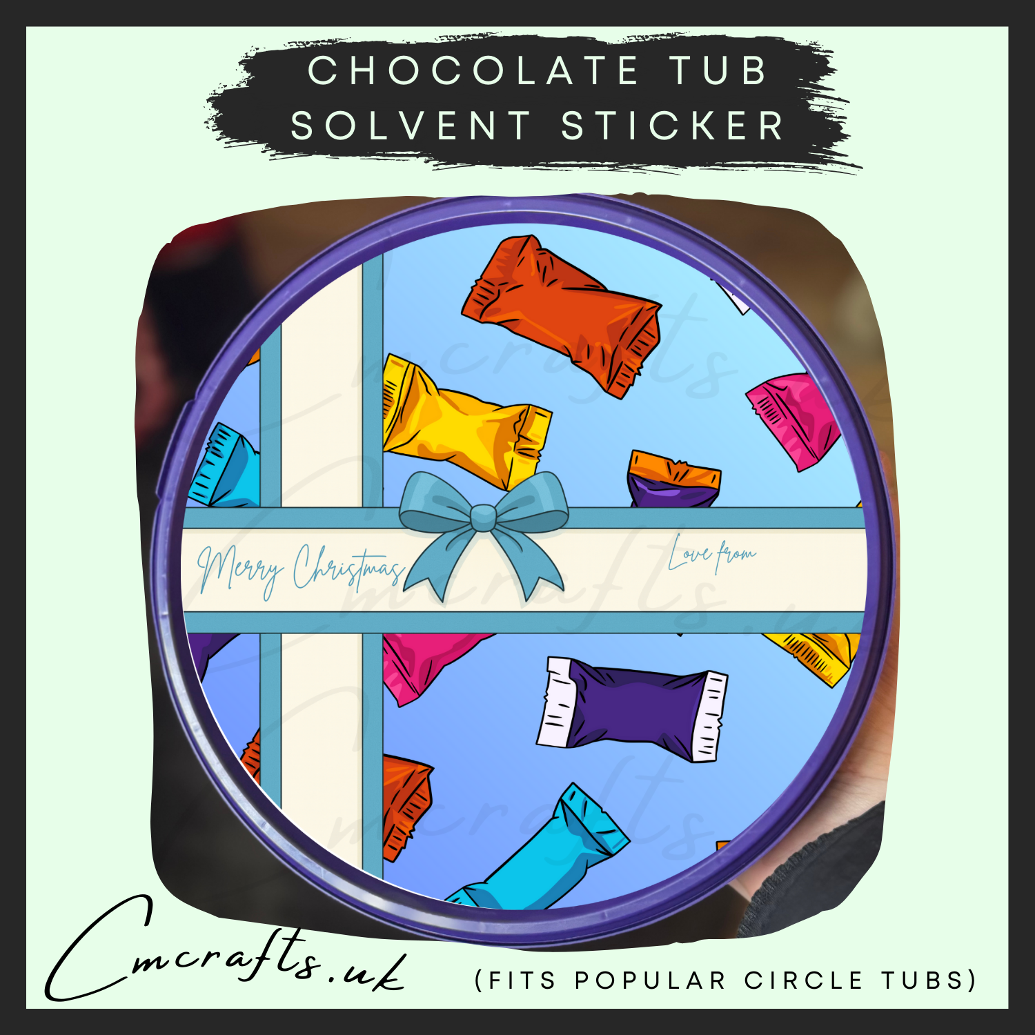 Merry Christmas blue ribbon chocolate tub solvent sticker – cmcraftsuk