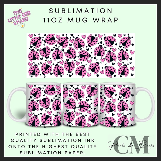 Pink ladybugs 11oz sublimation mug wrap